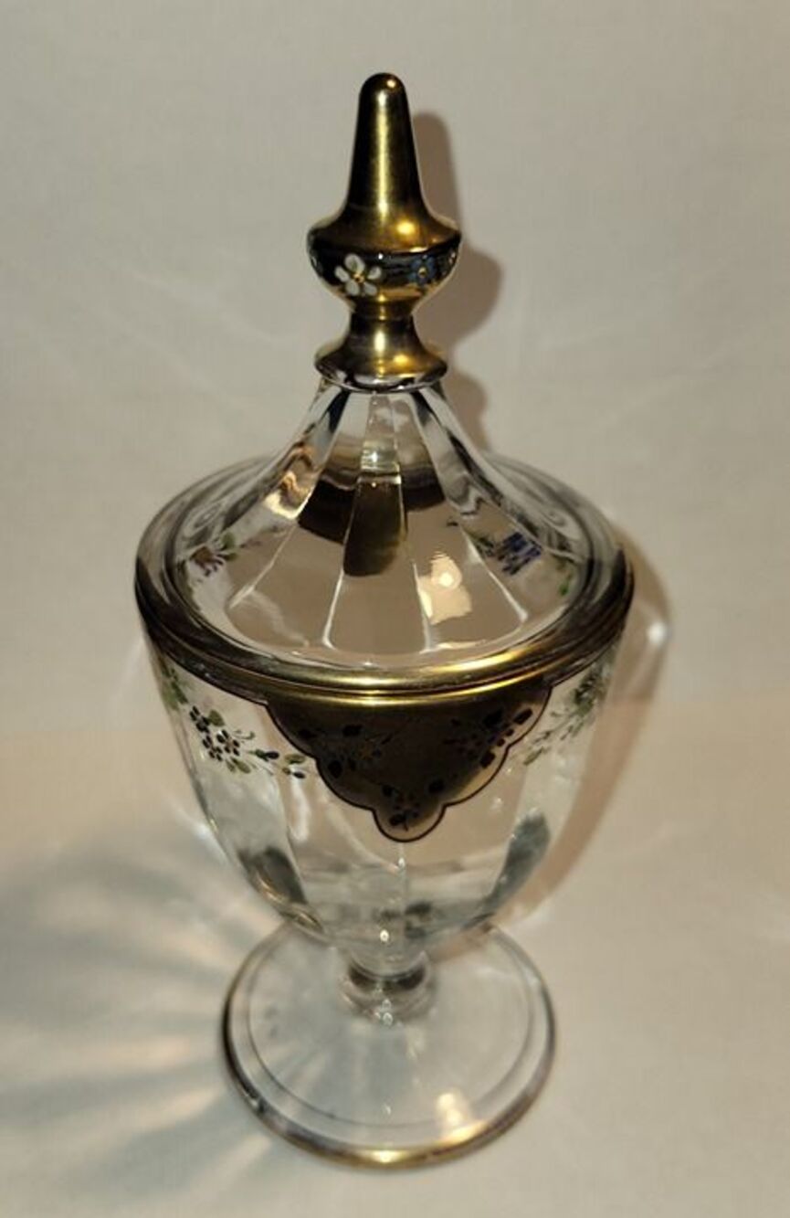 Antique Heisey #465 Recessed Panel 1/4lb Lidded Candy Jar Gold Trim Enamel Roses